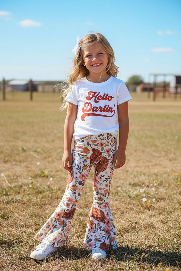 Western "HELLO DARLIN" bulls & floral print girls boutique set XCH0333-20H