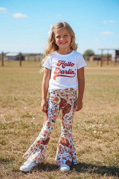 Western "HELLO DARLIN" bulls & floral print girls boutique set XCH0333-20H