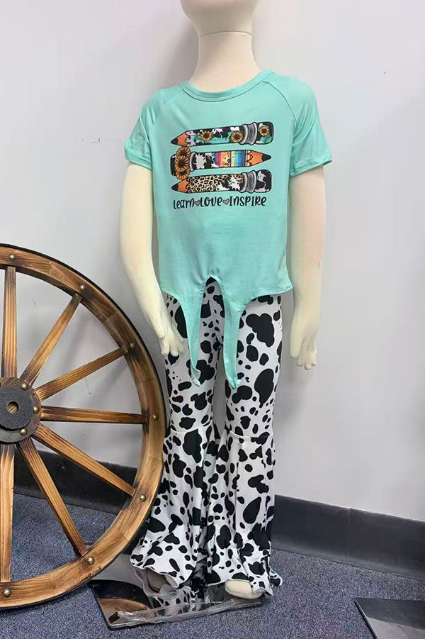 Back to school aqua pencils top & cow bell bottom girls boutique sets DLH2508