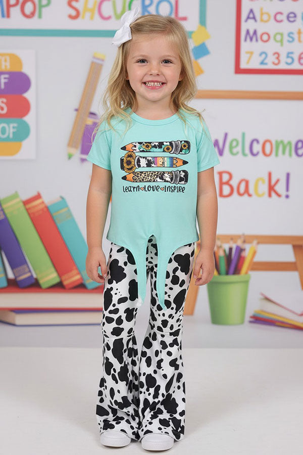 Back to school aqua pencils top & cow bell bottom girls boutique sets DLH2508