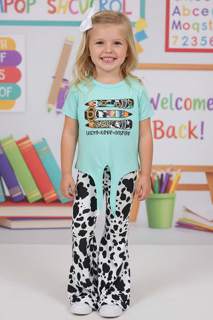 Back to school aqua pencils top & cow bell bottom girls boutique sets DLH2508