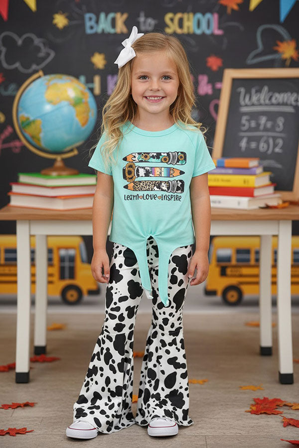 Back to school aqua pencils top & cow bell bottom girls boutique sets DLH2508