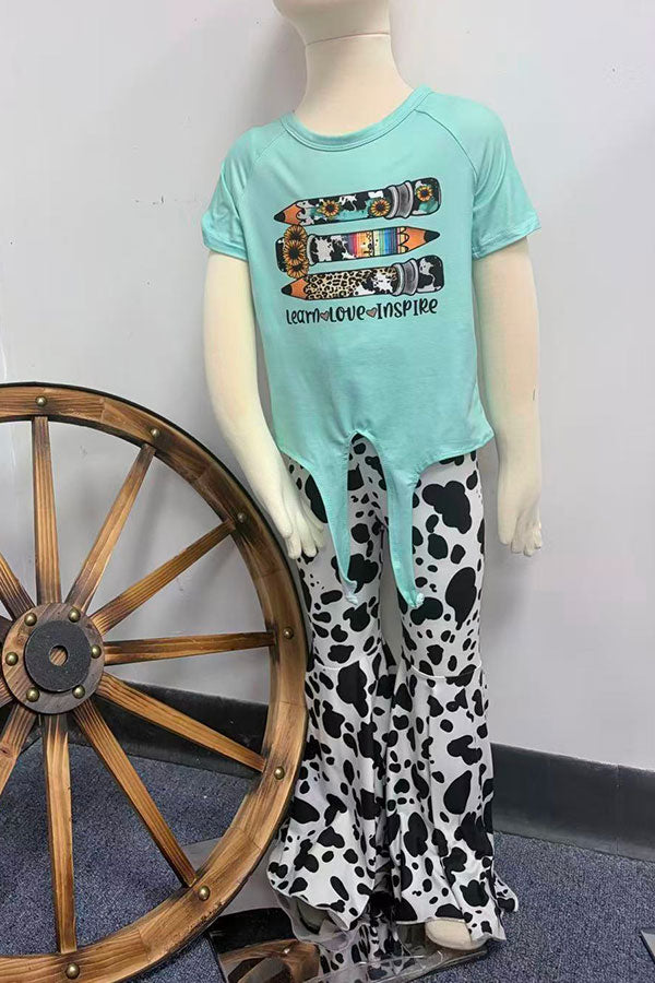 Back to school aqua pencils top & cow bell bottom girls boutique sets DLH2508