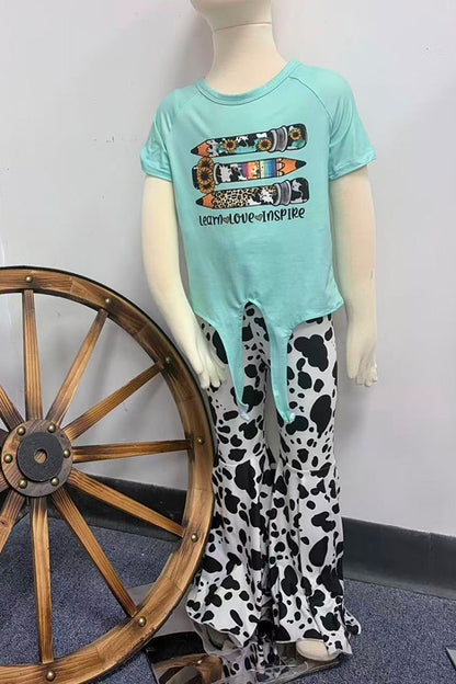 Back to school aqua pencils top & cow bell bottom girls boutique sets DLH2508