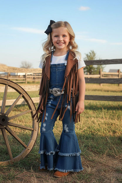 Western adjustable washed blue denim double ruffle girls boutique jeans 250932M