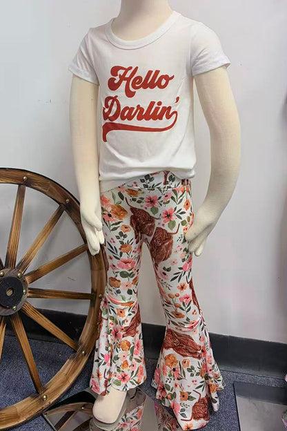 Western "HELLO DARLIN" bulls & floral print girls boutique set XCH0333-20H