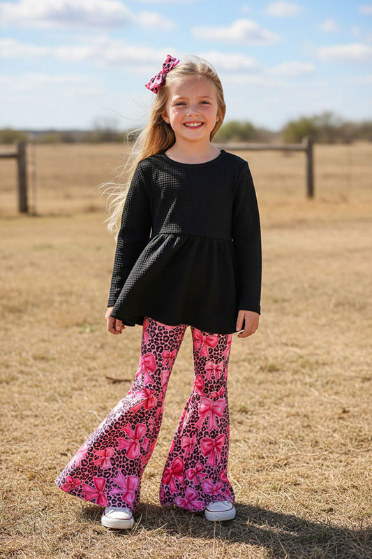 Western black top & bows printed pink pant girls boutique set XCH04040