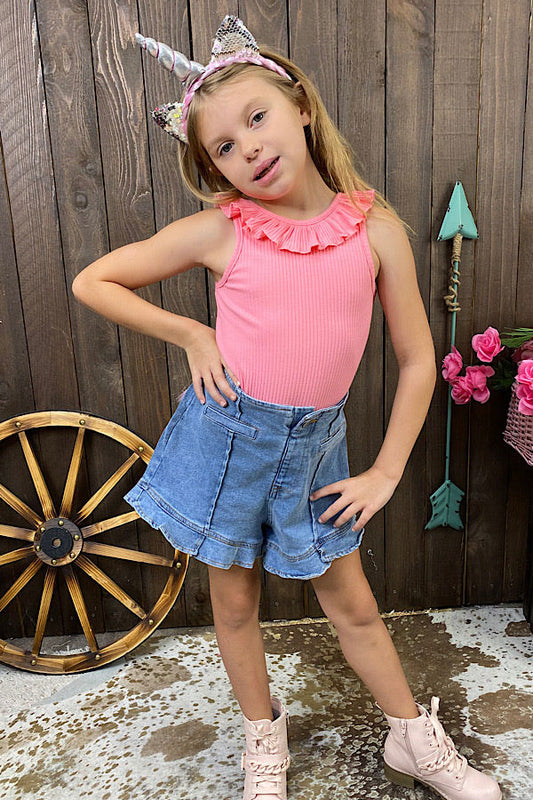 Western pink sleeveless girl boutique tank top w/ruffle & back cross line DLH2447