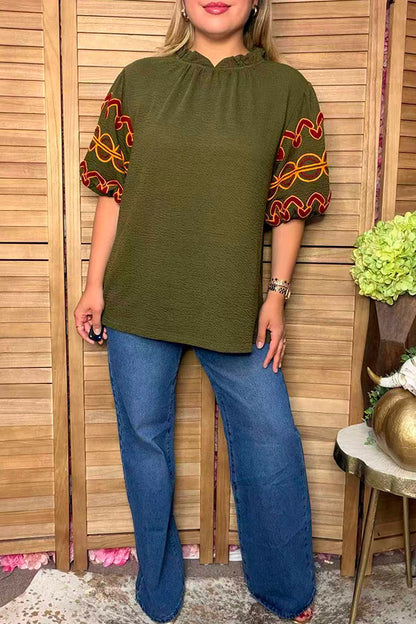 Southwestern geometric embroidery olive green women's boutique top Southern Stitch XCH16787