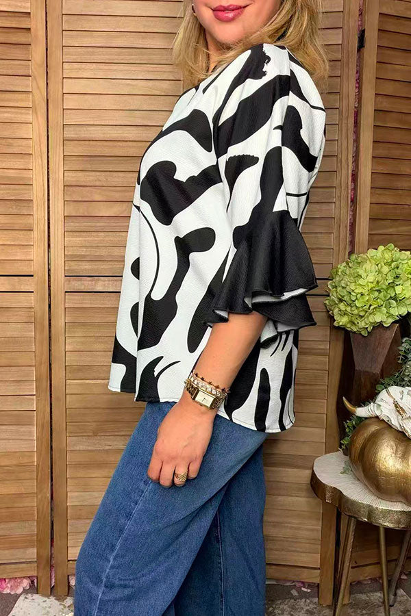 Western black & cow print 3/4 bell sleeves women's boutique top Southern Stitch GJQ17516