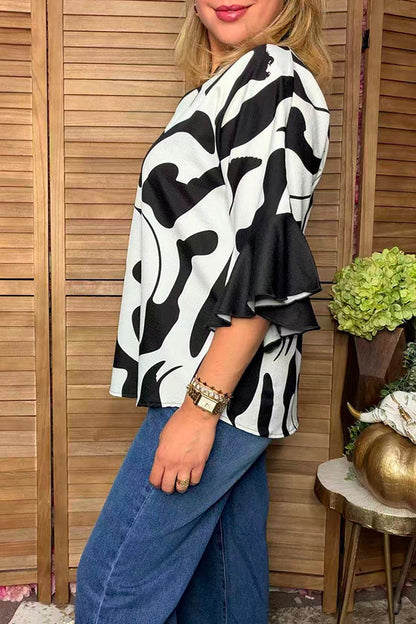 Western black & cow print 3/4 bell sleeves women's boutique top Southern Stitch GJQ17516