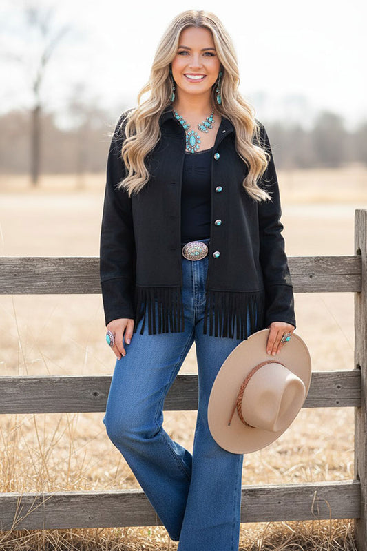 Western suede black fringe long sleeve women's boutique coat Southern Stitch XCH17156