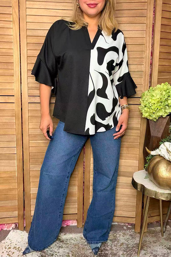 Western black & cow print 3/4 bell sleeves women's boutique top Southern Stitch GJQ17516