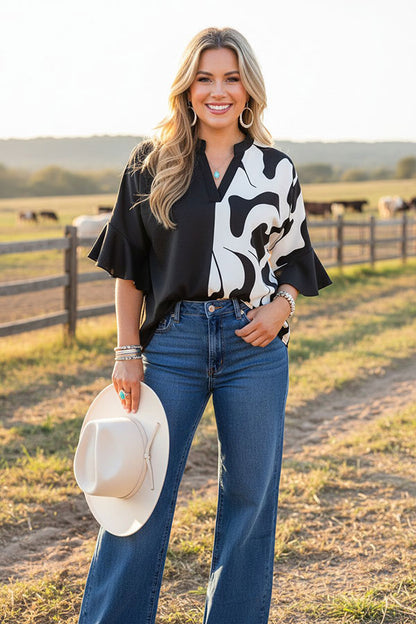 Western black & cow print 3/4 bell sleeves women's boutique top Southern Stitch GJQ17516