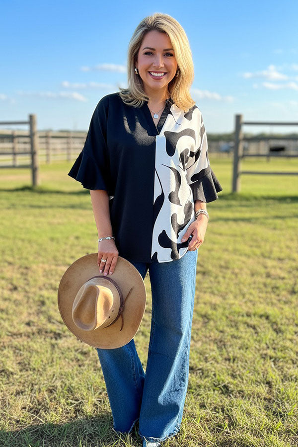 Western black & cow print 3/4 bell sleeves women's boutique top Southern Stitch GJQ17516