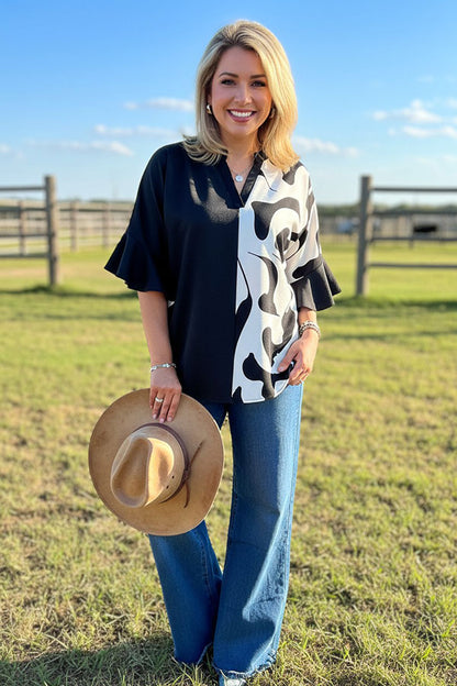 Western black & cow print 3/4 bell sleeves women's boutique top Southern Stitch GJQ17516