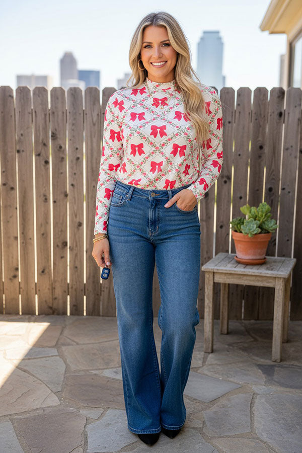 Western bows & floral sheer long sleeve women's boutique top Southern Stitch XCH17593
