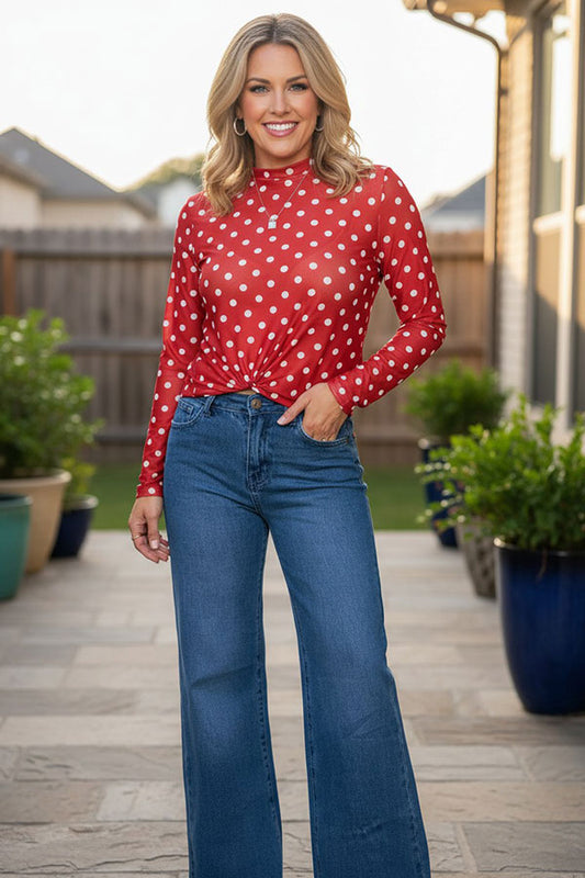 Western polka dots red sheer women's boutique top Southern Stitch XCH17447
