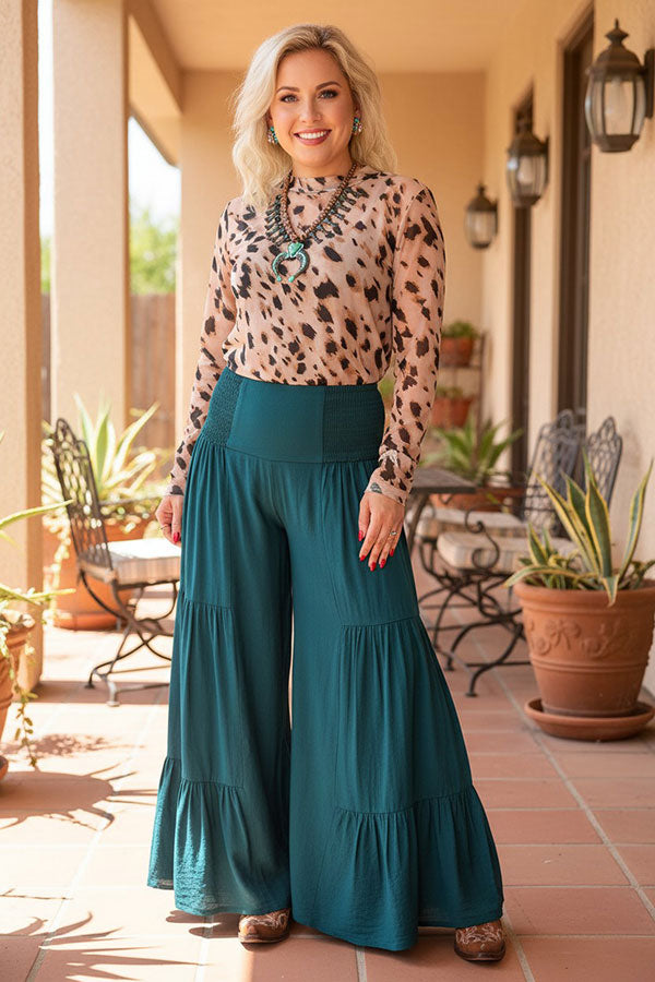 Western teal tiered wide leg women's boutique pant Southern Stitch XCH17474