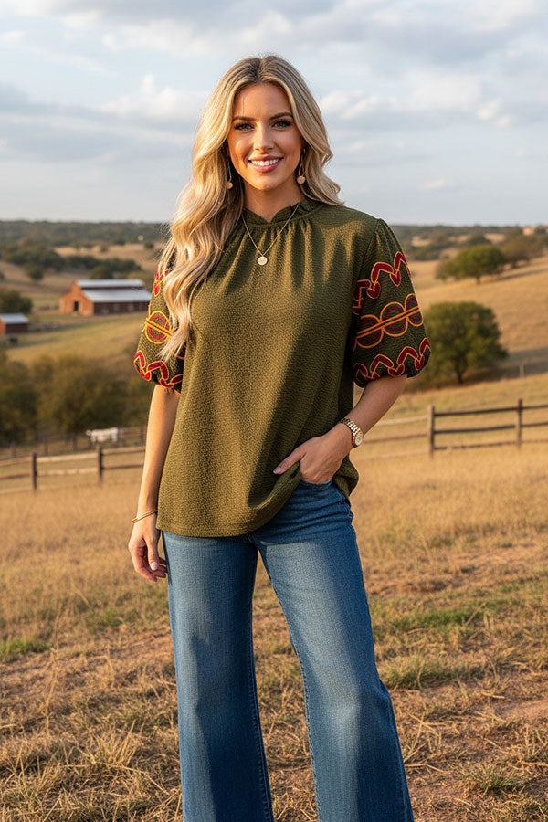 Southwestern geometric embroidery olive green women's boutique top Southern Stitch XCH16787