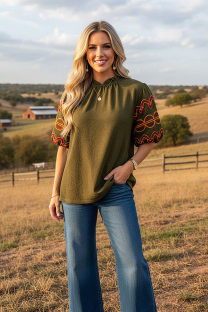 Southwestern geometric embroidery olive green women's boutique top Southern Stitch XCH16787