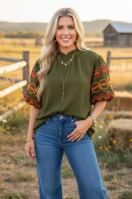 Southwestern geometric embroidery olive green women's boutique top Southern Stitch XCH16787