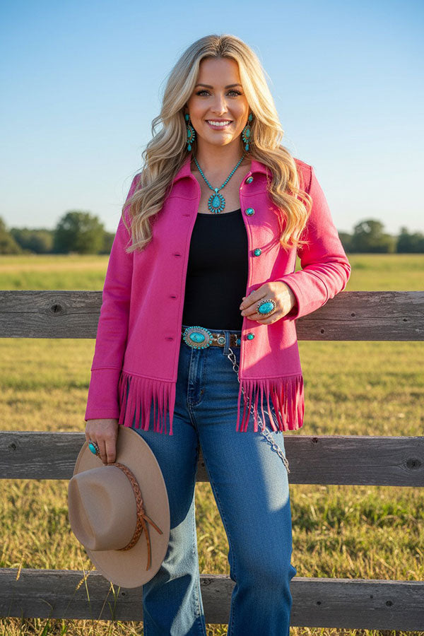 Western suede pink fringe long sleeve women's boutique coat Southern Stitch XCH17157