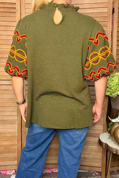 Southwestern geometric embroidery olive green women's boutique top Southern Stitch XCH16787