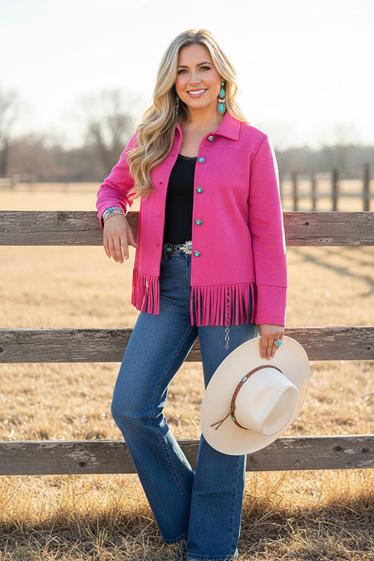 Western suede pink fringe long sleeve women's boutique coat Southern Stitch XCH17157