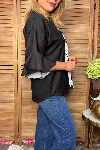 Western black & cow print 3/4 bell sleeves women's boutique top Southern Stitch GJQ17516