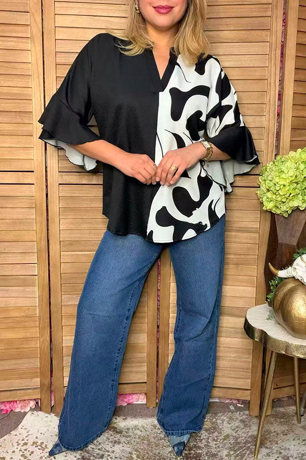 Western black & cow print 3/4 bell sleeves women's boutique top Southern Stitch GJQ17516