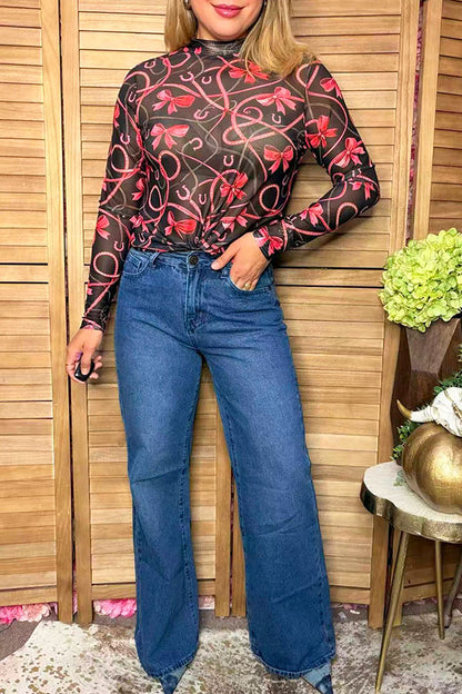Western bow & horseshoes sheer long sleeve women's boutique top Southern Stitch XCH17162