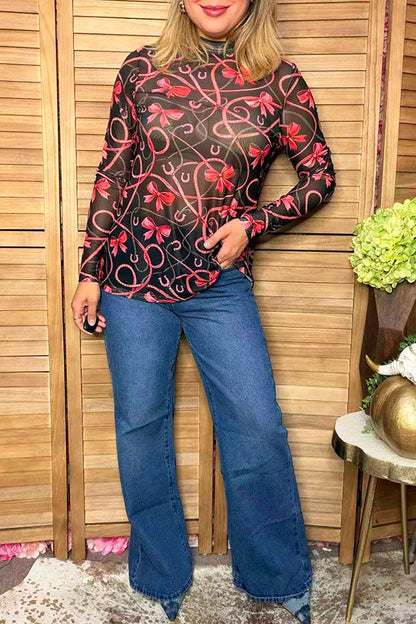Western bow & horseshoes sheer long sleeve women's boutique top Southern Stitch XCH17162