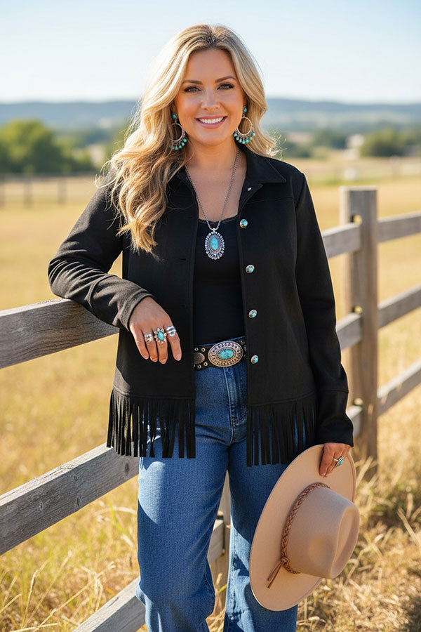 Western suede black fringe long sleeve women's boutique coat Southern Stitch XCH17156