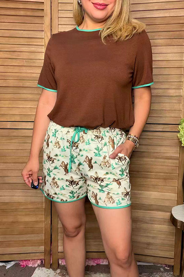 Western brown top & cowgirls shorts women boutique set Southern Stitch XCH17175