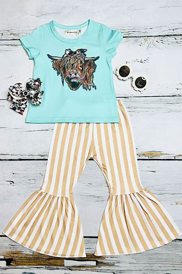 Western cow turquoise & tan stripped bell bottom girl's boutique set XCH0777-30H