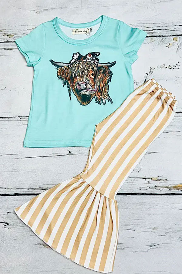 Western cow turquoise & tan stripped bell bottom girl's boutique set XCH0777-30H