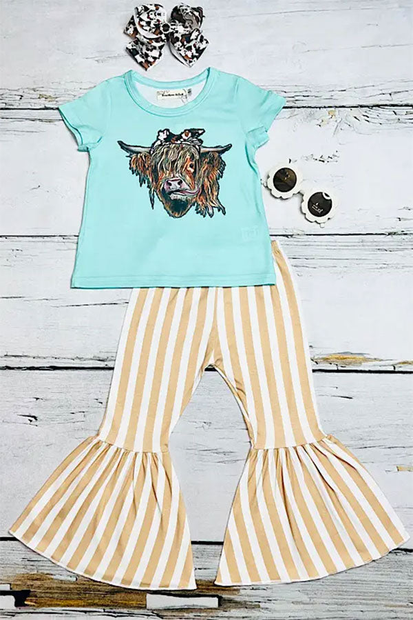 Western cow turquoise & tan stripped bell bottom girl's boutique set XCH0777-30H