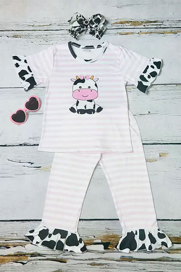 Western cow & pink stripe printed ruffle girls boutique set 11130MZ
