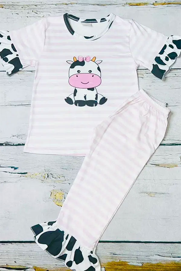 Western cow & pink stripe printed ruffle girls boutique set 11130MZ