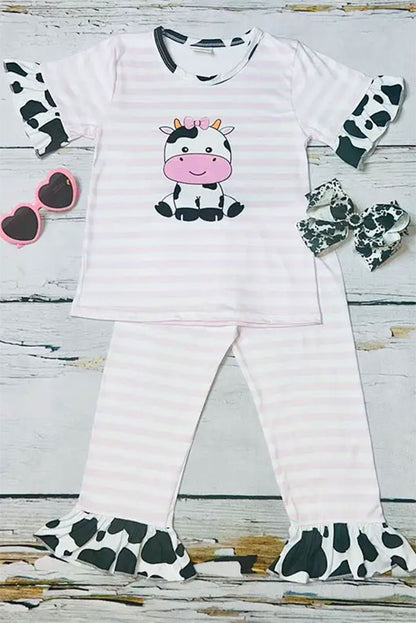Western cow & pink stripe printed ruffle girls boutique set 11130MZ