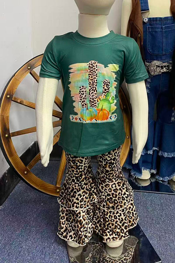 Western leopard cactus & pumpkin top bell bottom halloween girls boutique set DLH2576