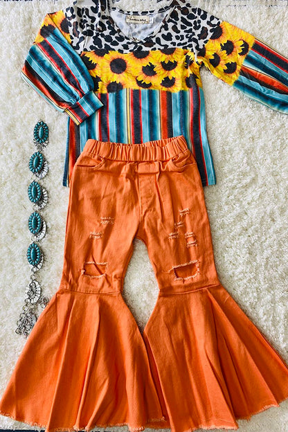Western Orange distressed bell bottom girl's boutique jeans 206014M