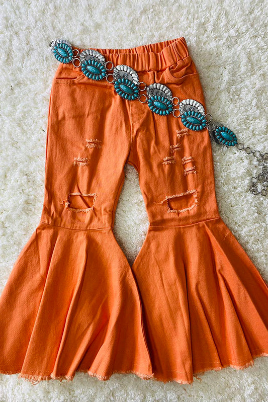 Orange distressed denim bell bottoms 206014M