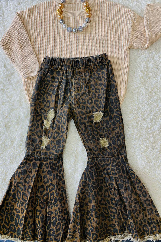 Brown leopard print distressed denim bell bottoms 206018M