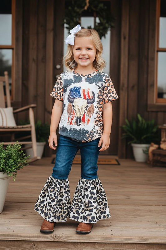 Western leopard patchwork flare bell bottoms girls boutique jeans 206037M