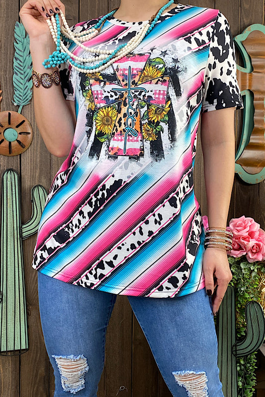 XCH13081 FAITH serape & cow printed short sleeve t-shirt