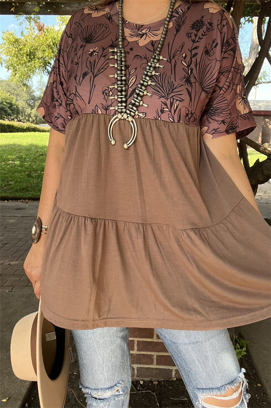 GJQ15652 Black floral printed tan block solid color baby doll design short sleeve women blouse/top