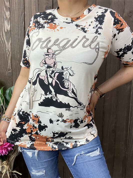 DLH14163 Cow horse riding multi color printed short sleeves women tops