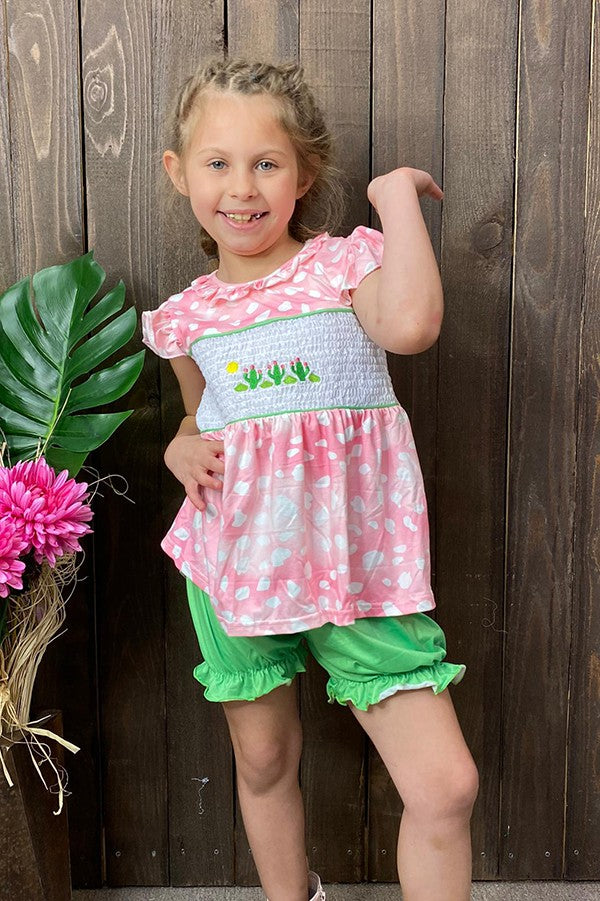 Western cactus embroidery top green shorts girl boutique set DLH2507